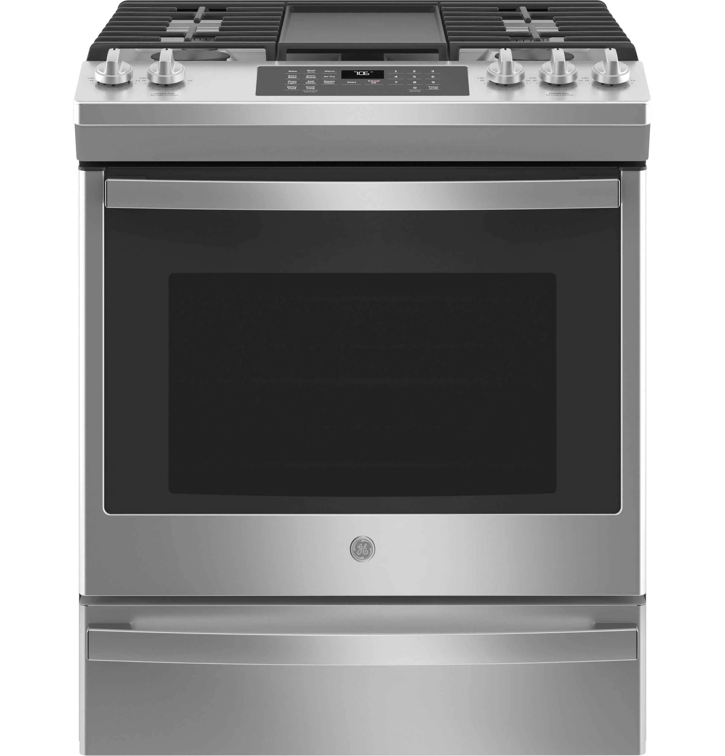 GE Stainless Steel 30" Slide-In Gas Convection Range with Air Fry (5.6 Cu. Ft.) - JCGS760SPSS