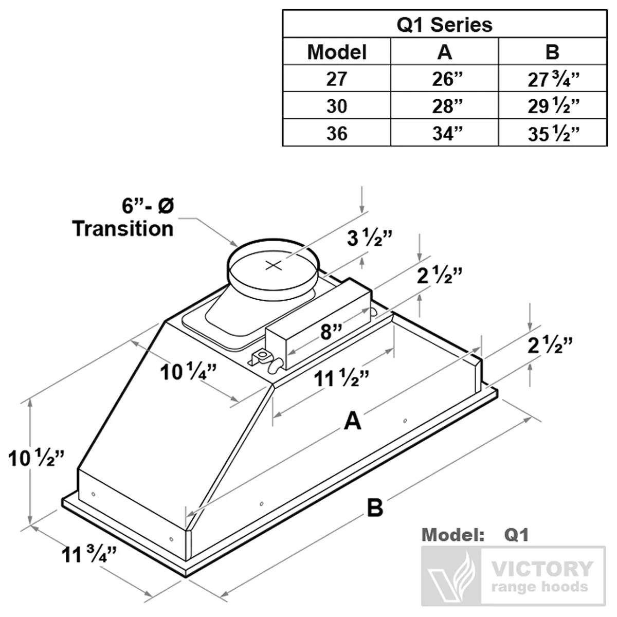 VICTORY Stainless Steel 27" 600 CFM Range Hood Insert - Q1-27