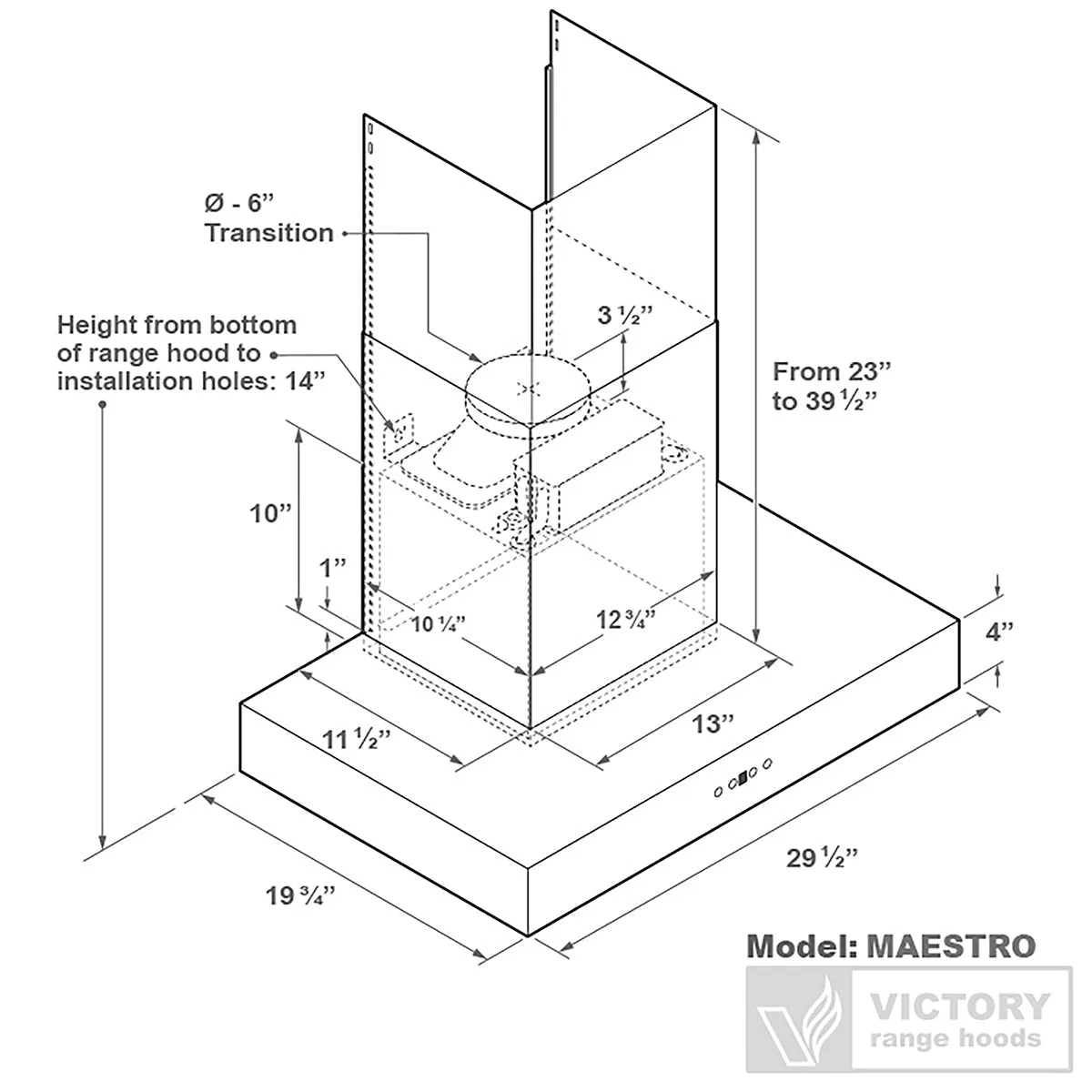 VICTORY Stainless Steel 30" 600 CFM Wall Mount Range Hood - Maestro-30