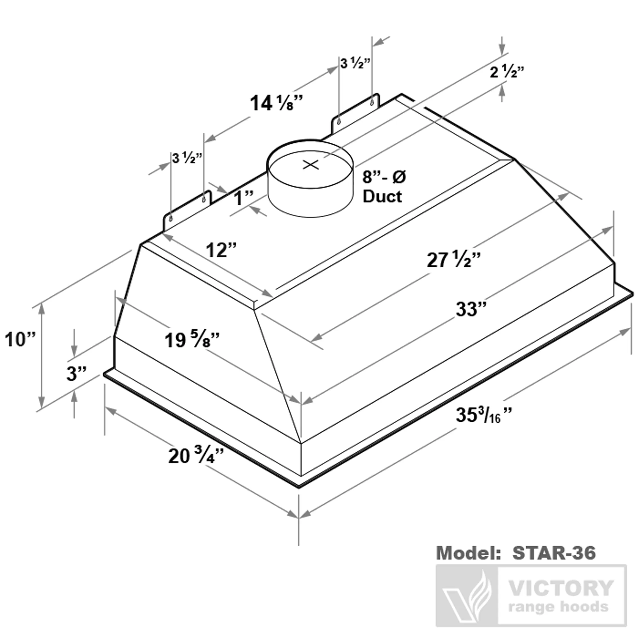 VICTORY Stainless Steel 36" 900 CFM Range Hood Insert - Star-36